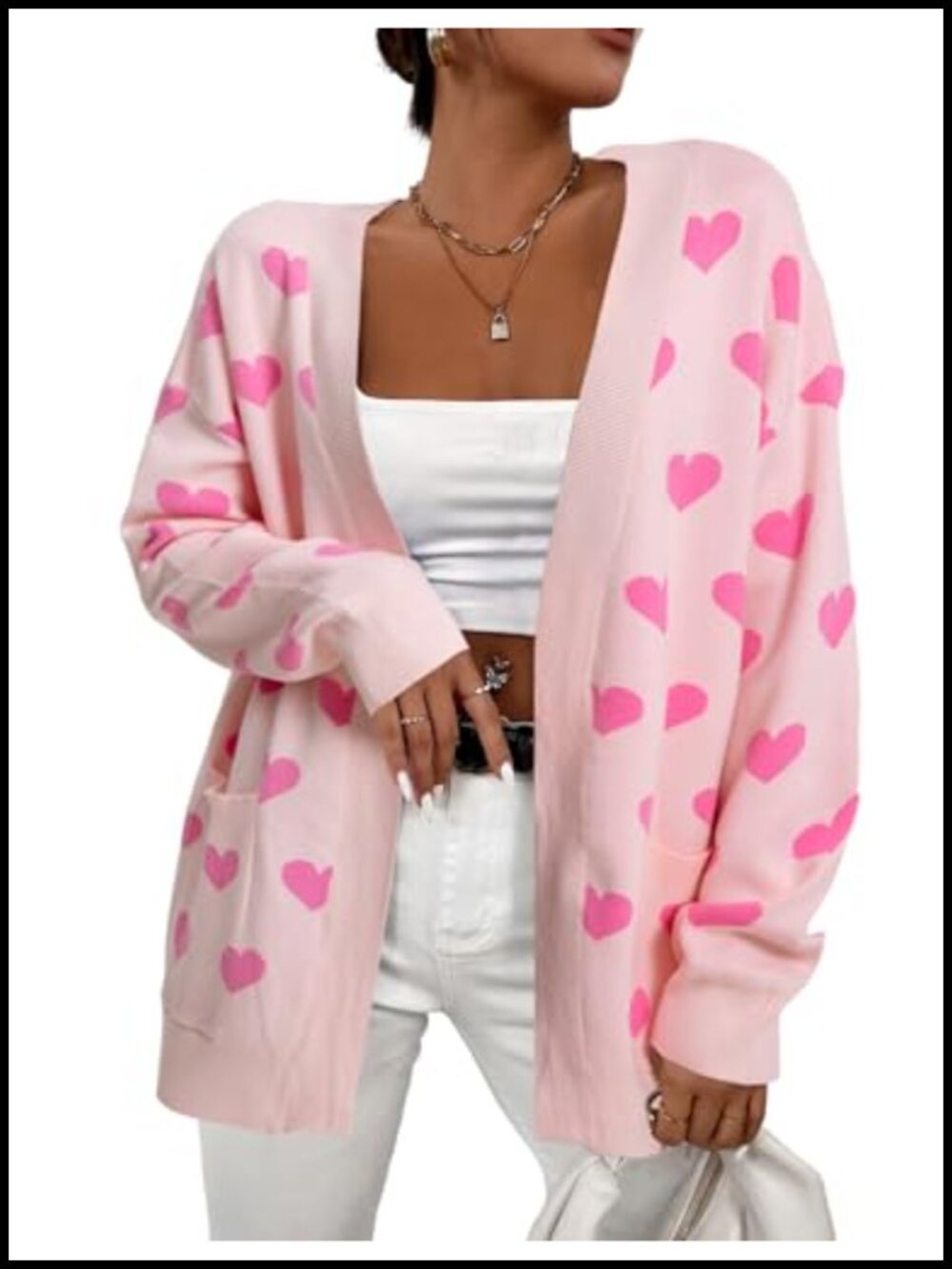 Heart Cardigan Women Valentine Knit Sweater Open Front with Pockets